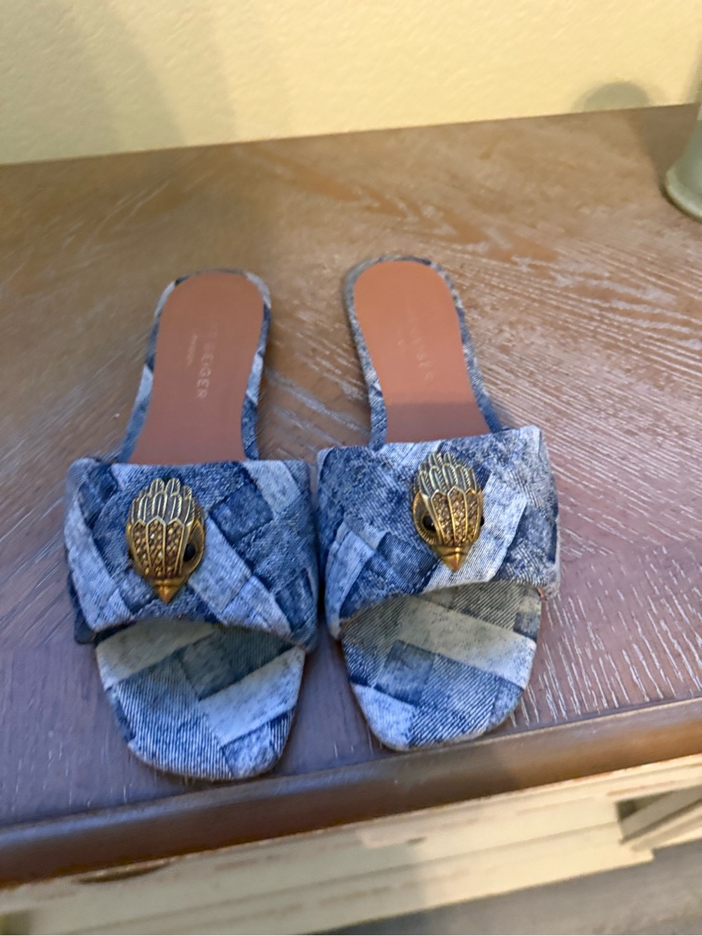Woven Denim Slide Sandals with Gold Accent